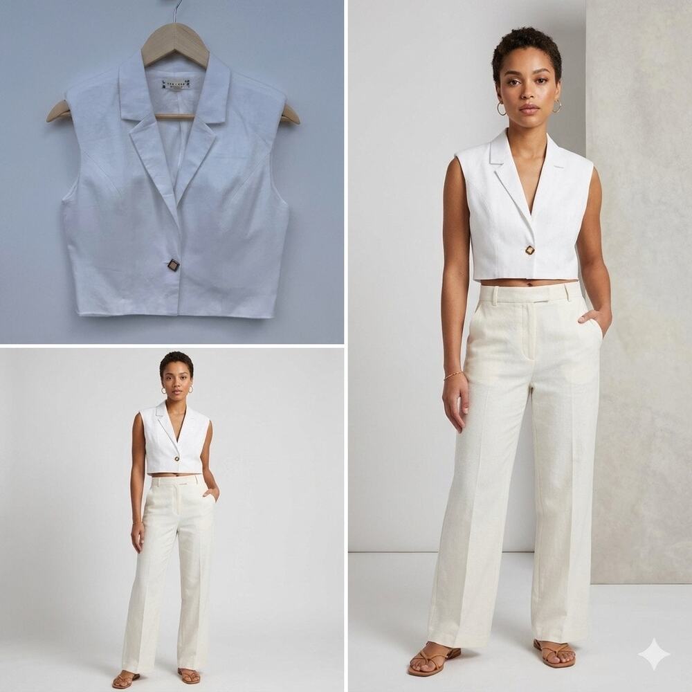 Tea & Cup Cropped Cotton - Linen Vest | White, Size Small